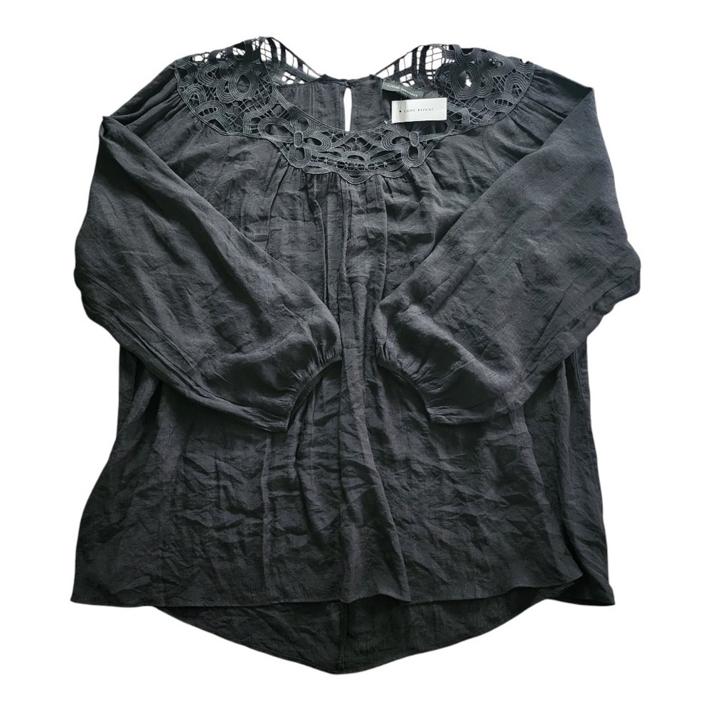 Lane Bryant Size 26/28 Long-Sleeve Black Crepe Blouse Lace Yoke NWT Flowy Boho‎